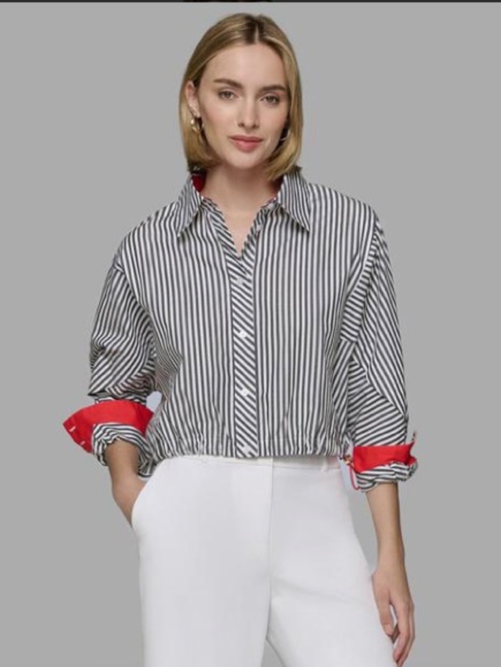 Karl Lagerfeld Long Sleeved Striped Poplin Crop Shirt
